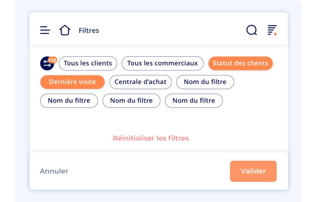 panneau filtres crm application yuto